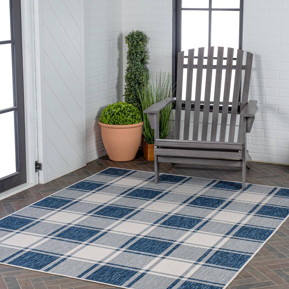 Sabine Navy and Cream Gingham Synthetic 3 x 5 Area Rug