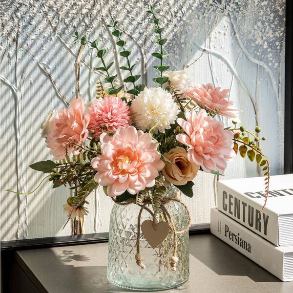 Pink Dahlia 15 in. Pink Indoor Artificial Flowers in Pink Ceramic