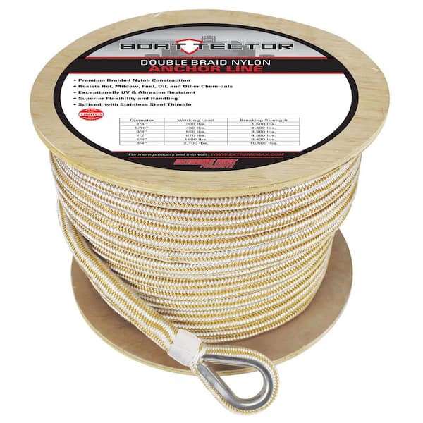 Extreme Max BoatTector Double Braid Nylon Anchor Line with Thimble - 3/4 in. x 300 ft., White and Gold