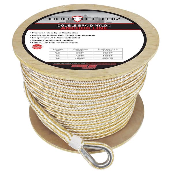 Extreme Max BoatTector Premium Double Braid Nylon Anchor Line with Thimble - 3/4 in. x 600 ft., White and Gold
