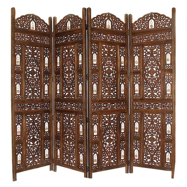 The Urban Port Handcrafted Wooden Antiqued Brown 4-Panel Room Divider Screen with Tiny Bells - Reversible