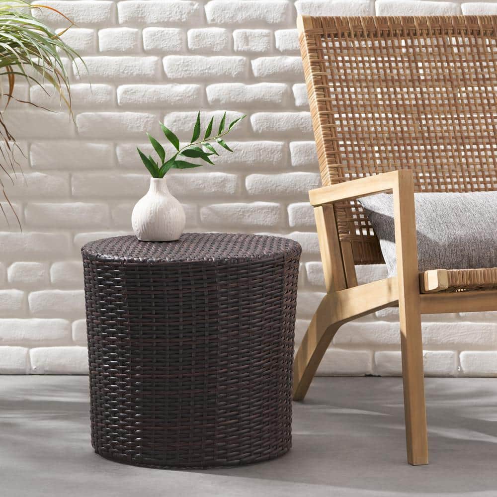 Contemporary All-Weather Outdoor Wicker Brown Barrel Side Table, Multibrown