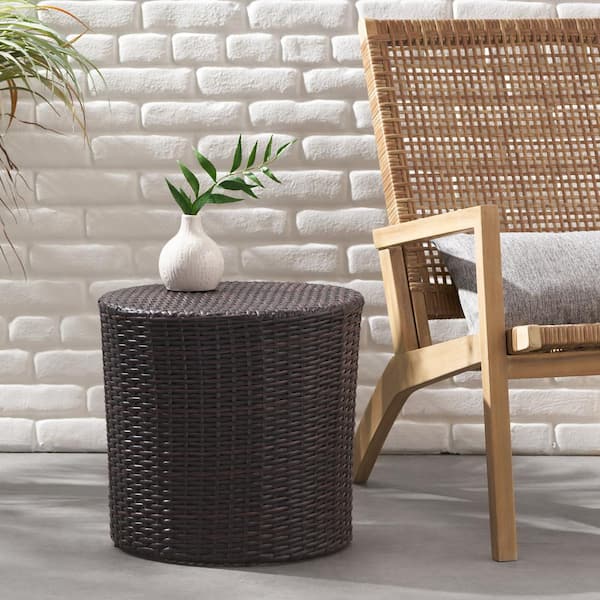 Unbranded Contemporary All-Weather Outdoor Wicker Brown Barrel Side Table, Multibrown for Serving Snacks and Beverages