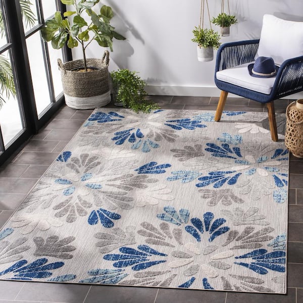 Cabana Gray/Blue 4 ft. x 4 ft. Geometric Floral Indoor/Outdoor Patio  Square Area Rug