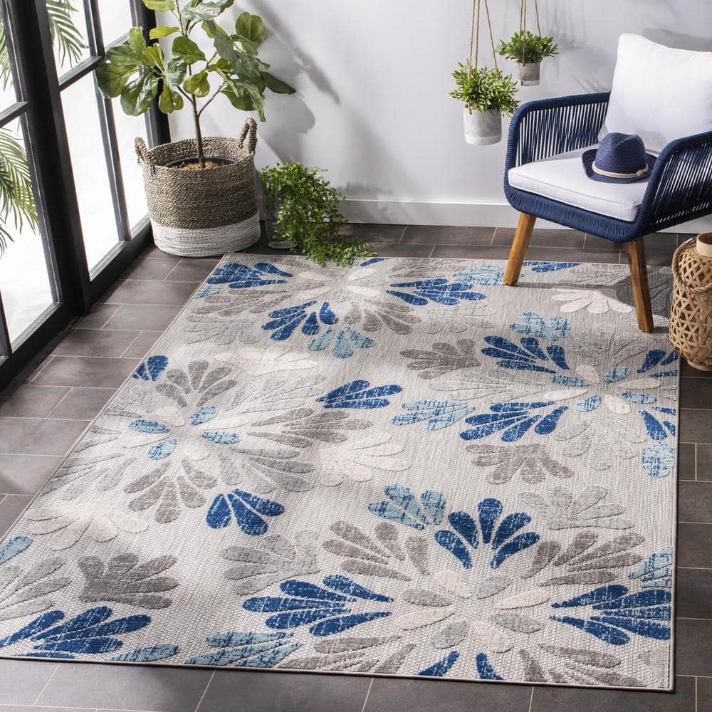 Grey and Blue Floral 6' x 9' Synthetic Area Rug