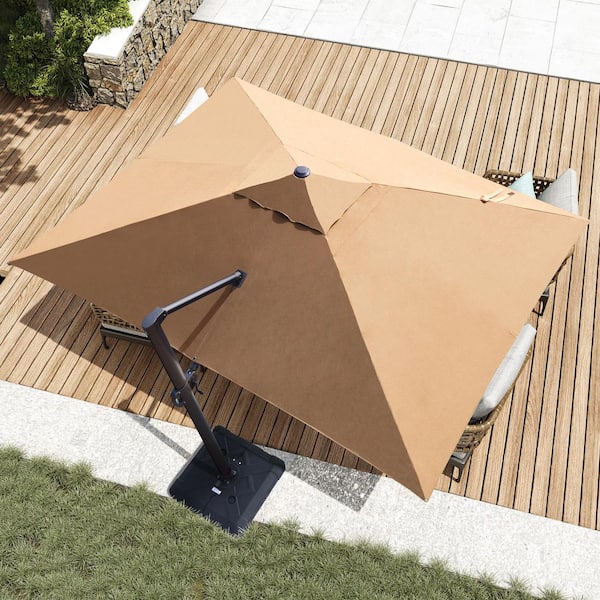 Heavy-Duty 12.5 ft. x 10 ft. Aluminum Outdoor Offset Cantilever Tilt 360° Swivel Patio Umbrella in Tan with Base