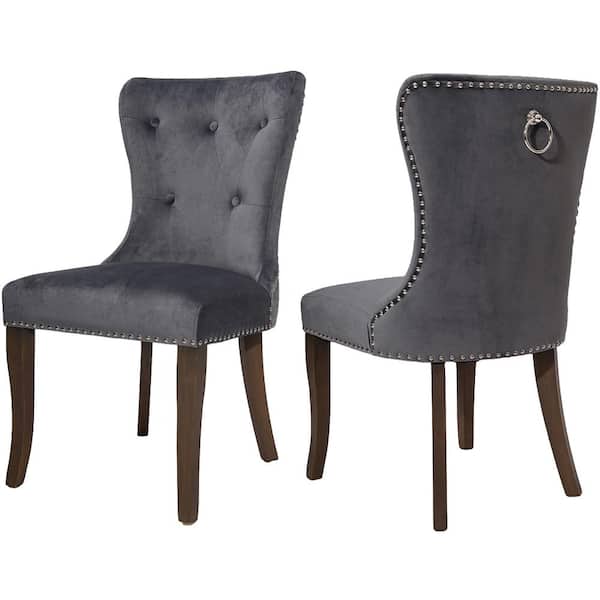 Qualfurn Gray Tufted Upholstered, Nailhead Dining Chairs Set Of 4 Black