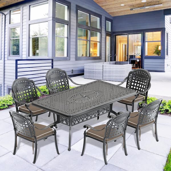 Willit Isabella 7-Piece Cast Aluminum Outdoor Dining Set with 68.9 in. x 37.4 in. Rectangular Table and Random Color Cushions