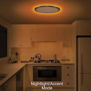 32 in. Low Profile Oval Brushed Nickel LED Flush Mount Ceiling Light with Night Light Feature Adjustable CCT