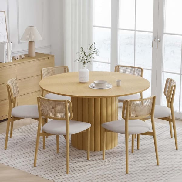 Dovelina 52 in. Natural Oak Wood Color Column Pedestal Round Kitchen Table Dining Table Seats 4