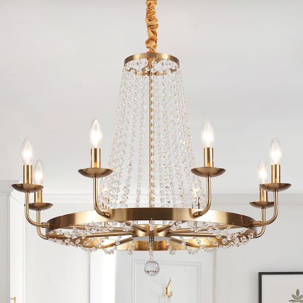 8-Light Gold Candle Design Wagon Wheel Chandelier Crystal Linear Lighting Fixture for Kitchen Island