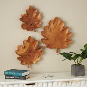 Brown Handmade Teak Wood Carved Leaf Decorative Tray Set of 3