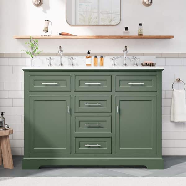 48 in. Green Wood Double Sink Freestanding Bathroom Vanity with White Ceramic Top
