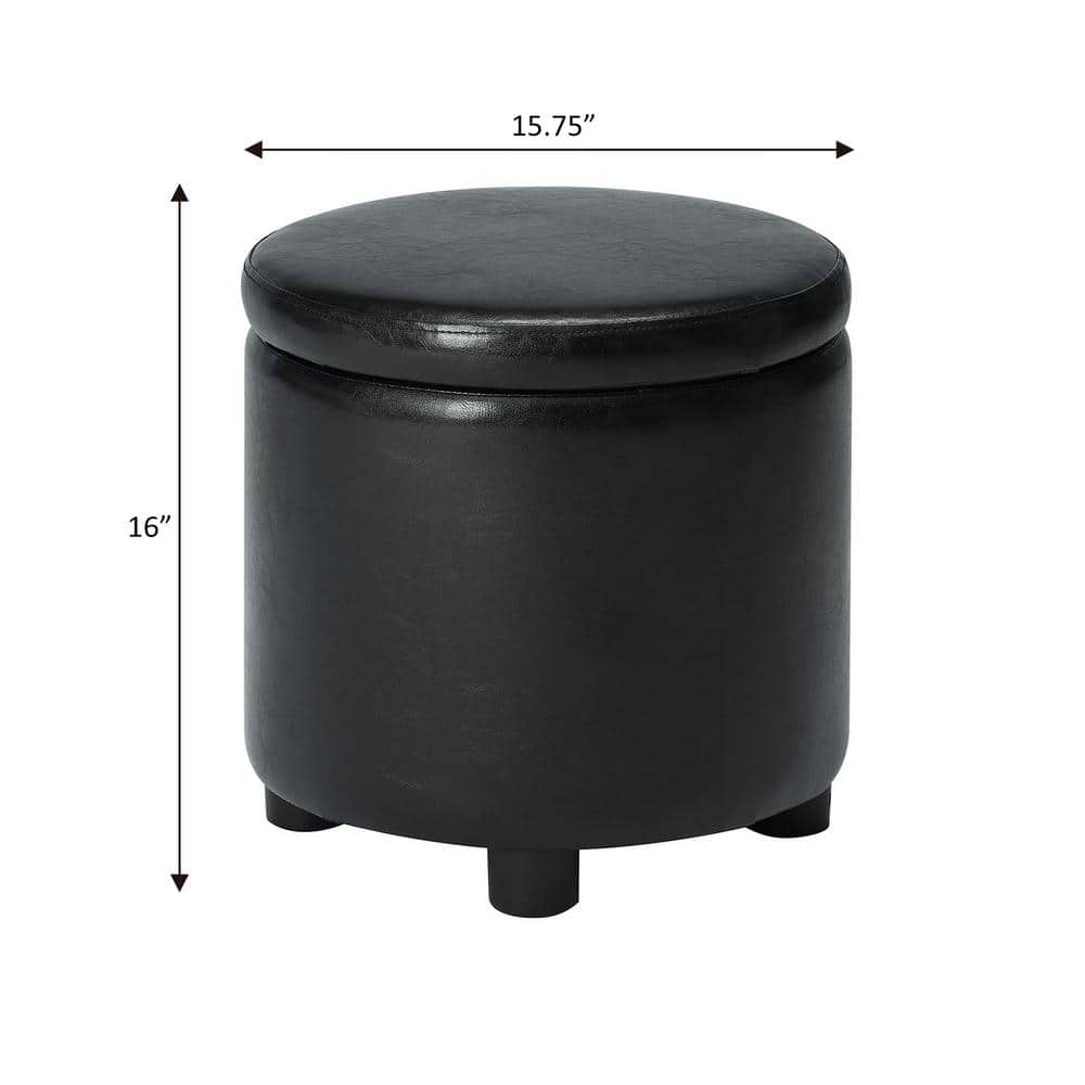 16" Round Black Faux Leather Ottoman with Reversible Tray