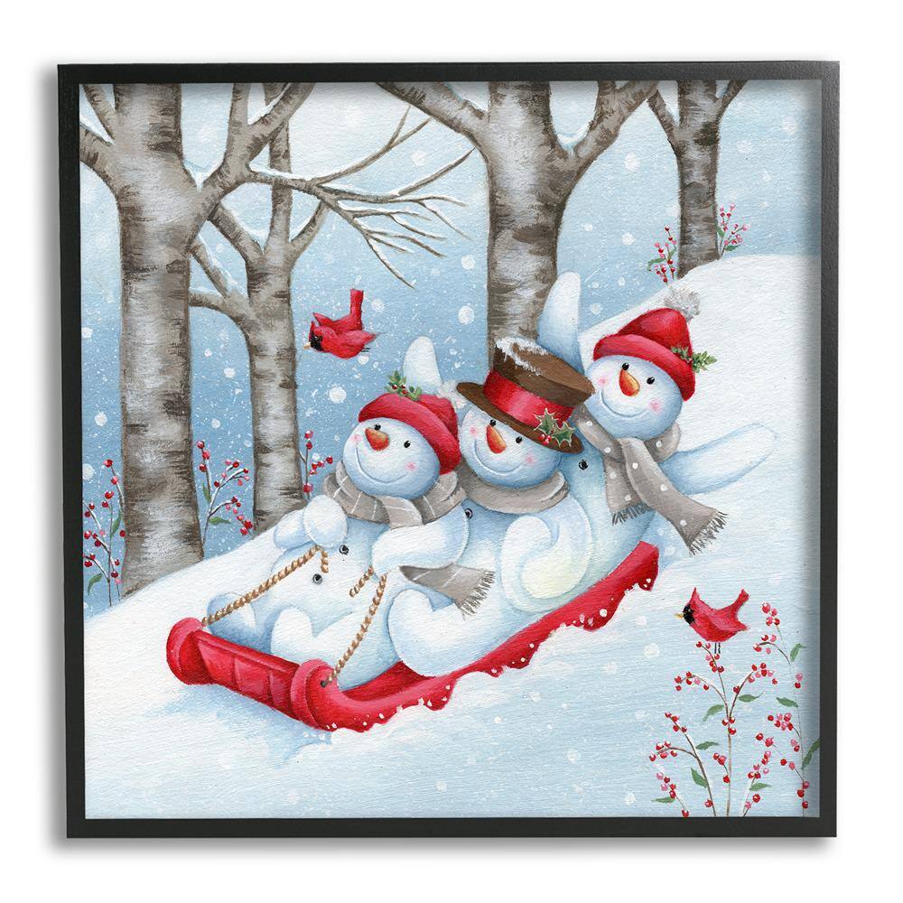 Happy Snowman Trio Sledding by Emma Leach 1-Piece Framed Graphic Print Animal Poster Art Print 12 in. x 12 in. price history on PriceWatchPro