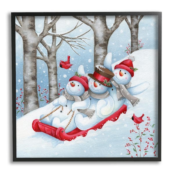 Stupell Industries Happy Snowman Trio Sledding by Emma Leach 1-Piece Framed Graphic Print Animal Poster Art Print 12 in. x 12 in.