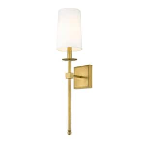 1-Light Rubbed Brass Wall Sconce with White Fabric Shade