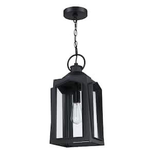 1-Light Matte Black Outdoor Pendant Light with Clear Glass Shade