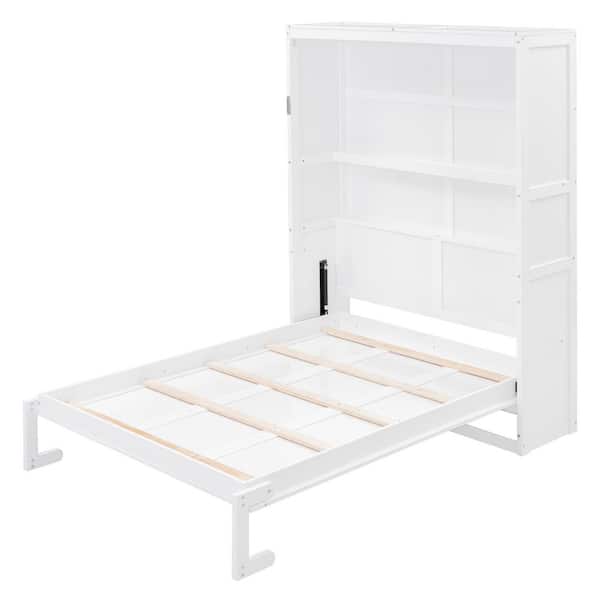 Harper & Bright Designs White Wood Frame Full Size Murphy Bed, Wall Bed with Shelves, Folded into a Cabinet
