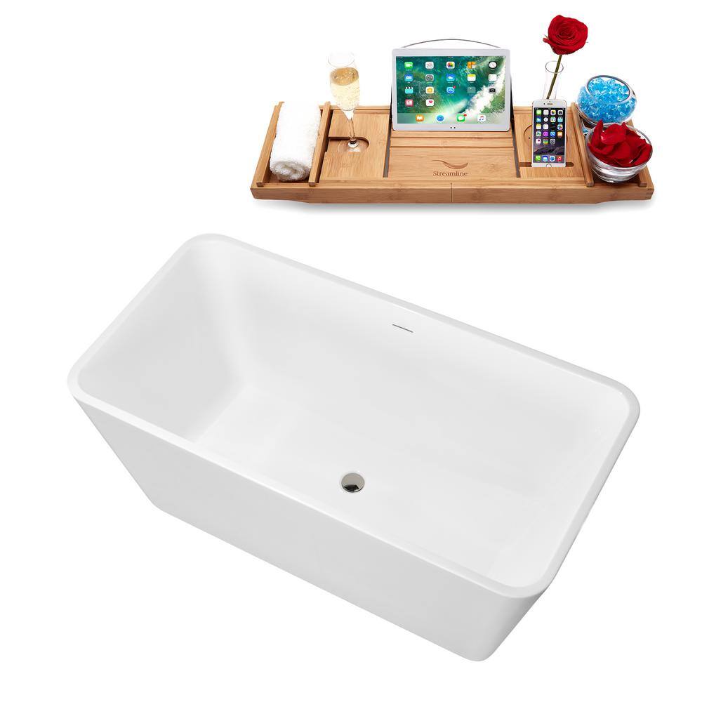 59" Glossy White Acrylic Freestanding Soaking Tub with Bamboo Tray