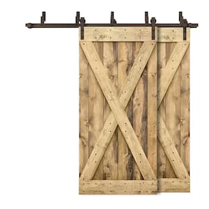 84 in. x 84 in. X Series Bypass Weather Oak Stained Solid Pine Wood Interior Double Sliding Barn Door with Hardware Kit