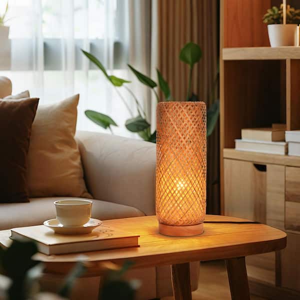 16.14 in. Natural Bamboo Hand-Woven Table Lamp with Open-Weave Cylindrical Shade, No Bulbs Included
