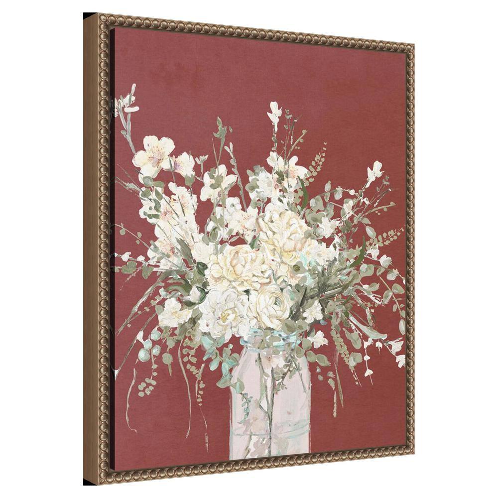Beaded Gold Framed Floral Canvas Wall Art with Glass Vase