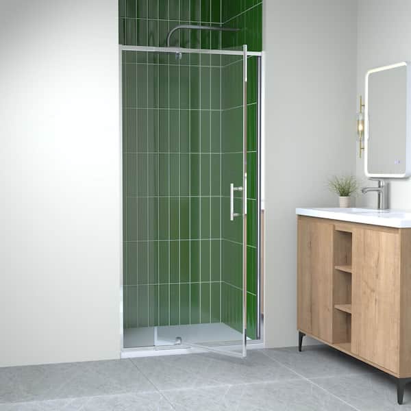 KeepTech 32-36 in. W x 72 in. H Swing Pivot Frame Shower Door in Chrome Finish with Clear Tempered Glass