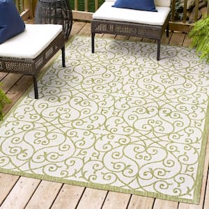 Madrid Vintage Filigree Textured Weave Green/Cream 5 ft. x 8 ft. Indoor/Outdoor Area Rug