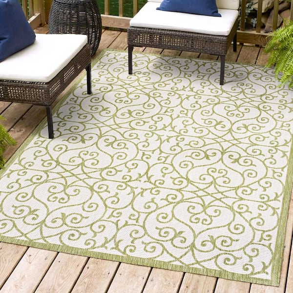 Green/Cream 8 ft. x 10 ft. Madrid Vintage Filigree Textured Weave Indoor/Outdoor Area Rug