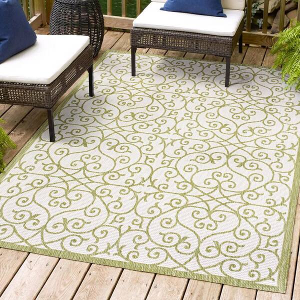 Madrid Vintage Filigree Textured Weave Green/Cream 9 ft. x 12 ft. Indoor/Outdoor Area Rug