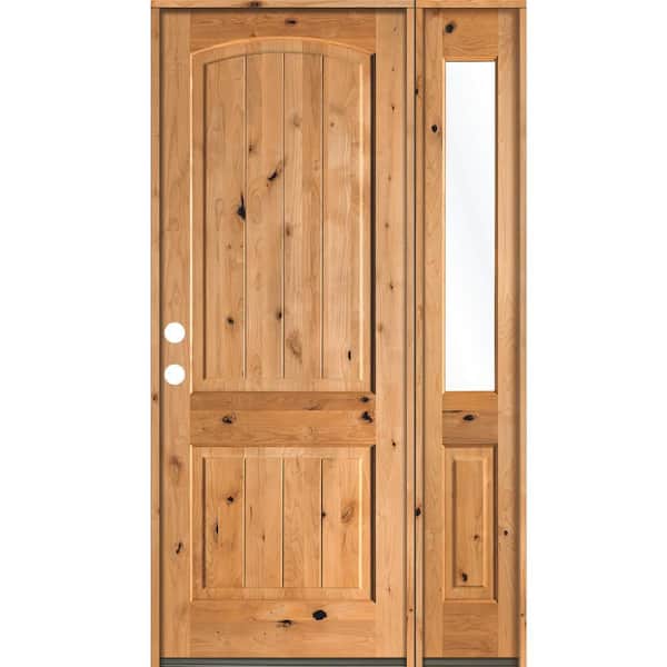 Krosswood Doors 50 in. x 96 in. Rustic knotty alder 2 Panel Right-Hand/Inswing Clear Glass Clear Stain Wood Prehung Front Door with RHSL