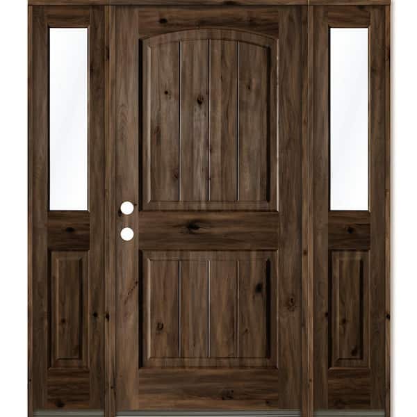Krosswood Doors 70 in. x 80 in. Rustic knotty alder 2 Panel Right-Hand/Inswing Clear Glass Black Stain Wood Prehung Front Door with DHSL
