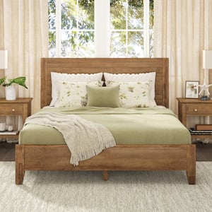 Lessio Light Brown Mid-Century 13.7 in. Solid Wood Frame Queen Platform Bed with Wooden Slats, Headboard, Easy Assembly