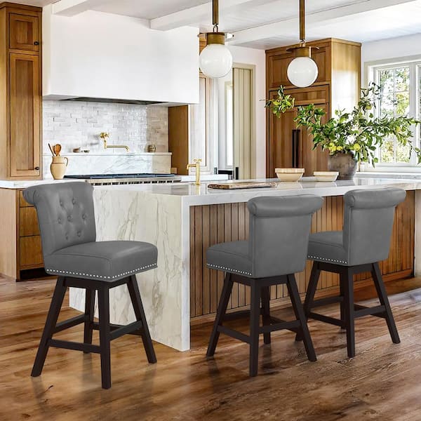 cozyman 26 in. Dark Grey Faux Leather Swivel Barstool Solid Wood Counter Stool Nail Head Trim and Tufted Backrest Set of 3