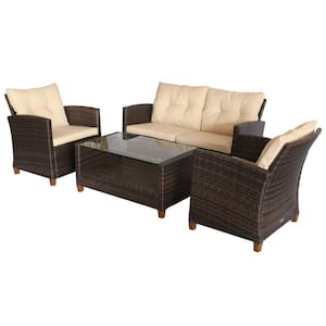 Brown 4-Piece Iron Plastic Rattan Patio Furniture Set with Beige Cushions, 2-Single Chairs, Double Sofa and Tea Table