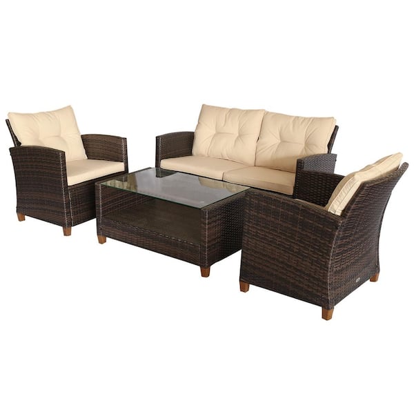 Outsunny Brown 4-Piece Iron Plastic Rattan Patio Furniture Set with Beige Cushions, 2-Single Chairs, Double Sofa and Tea Table