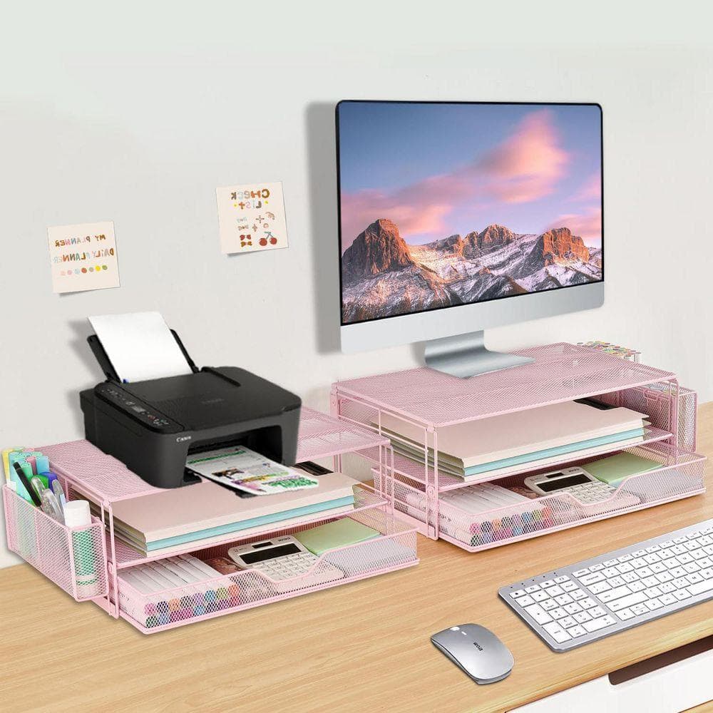 Pink 15.7 in. x 5 in. Metal Modern Desk Organizer Stand with