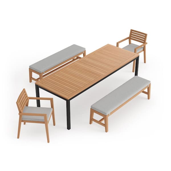 NewAge Products Rhodes 5 Piece Teak Outdoor Patio Dining Set in Cast Silver Cushions with 96 in. Table & Bench