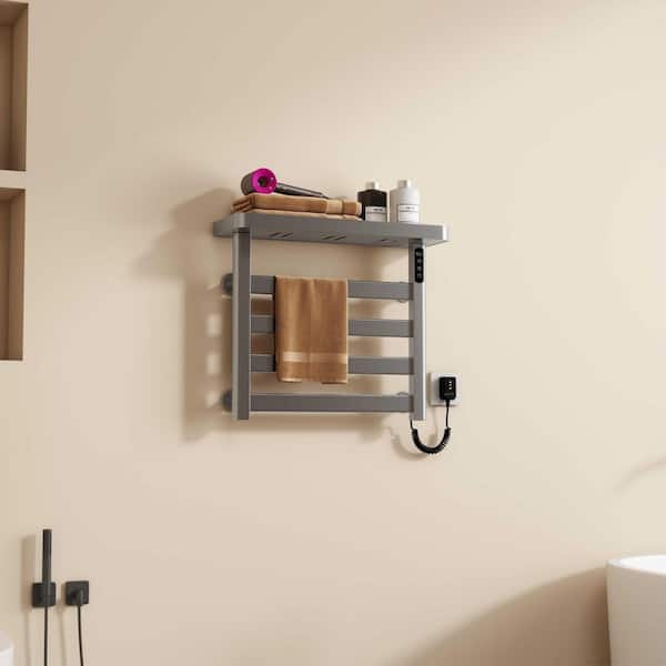 4-Bar 95-Watt Wall Mounted Electric Plug-In Bathroom Towel Warmer with Touch LED Screen Digital Display, Shelf in Gray