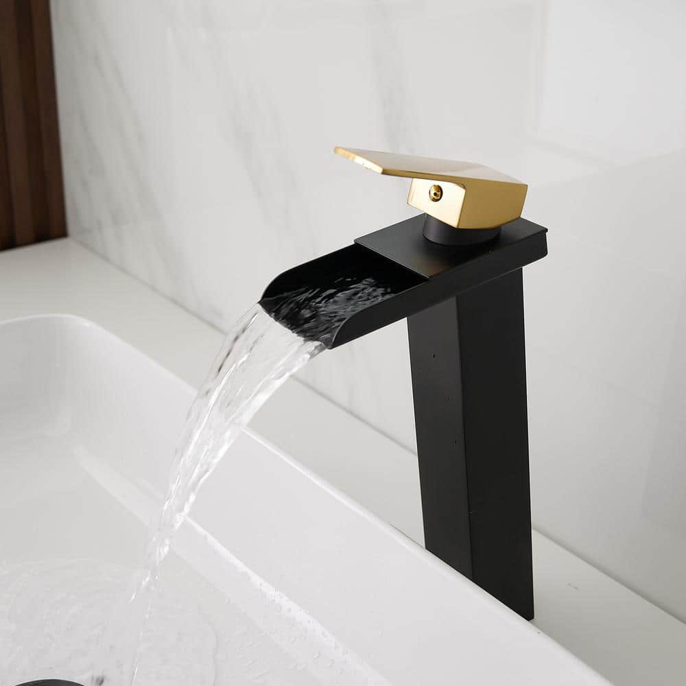 Matte Black and Gold Single Handle Waterfall Vessel Faucet