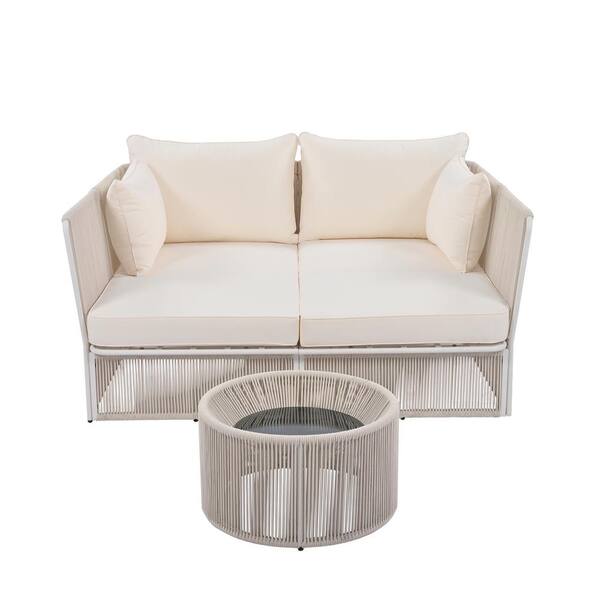 Boosicavelly Natural Rope Metal Frame Outdoor Patio Double Chaise Lounger Loveseat Daybed with Coffee Table and Beige Cushion