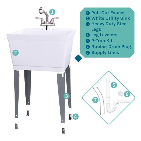 Complete 22 875 In X 23 5 White 19 Gal Utility Sink Set With Non Metallic Stainless Steel Finish Pull Out Faucet