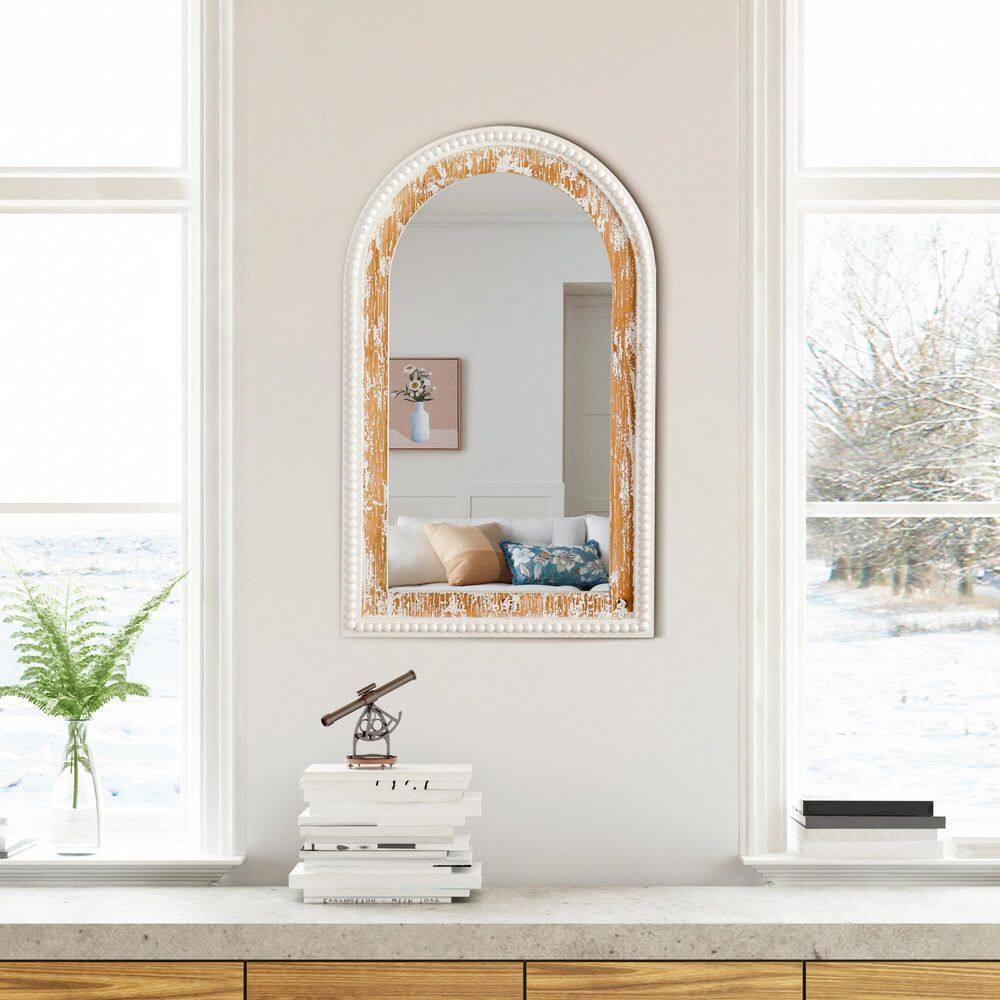 Antique White Arched Wood Vanity Wall Mirror with Beaded Frame