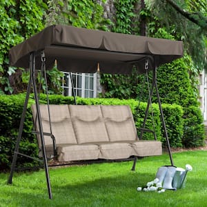 3-Seat Khaki Metal Outdoor Adjustable Canopy Swing Chair with Cushions