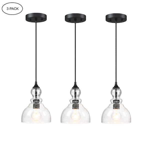 1-Light Kitchen Island Teardrop Seeded Glass Pendant with Matte Black finish (3-Pack)