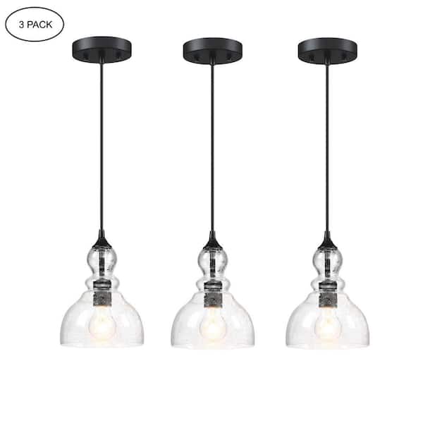 Hukoro 1-Light Kitchen Island Teardrop Seeded Glass Pendant with Matte Black finish (3-Pack)