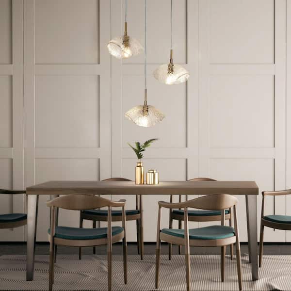 Modern Kitchen Island 1-Light Plated Gold Dining Room Hanging Pendant Light with Textured Glass Shade