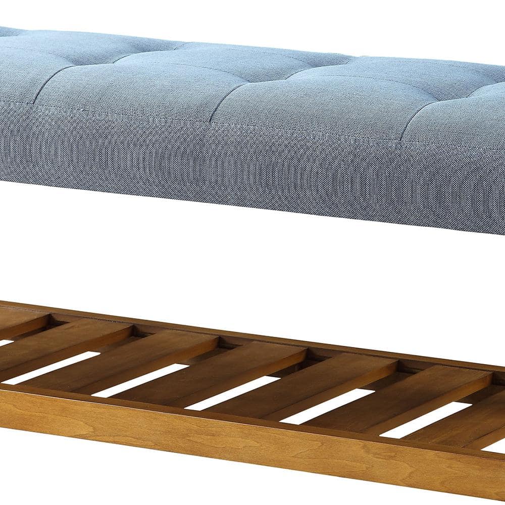 Blue Tufted Upholstered Bench with Oak Storage Shelf