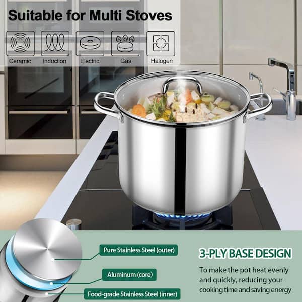 20 QT Stock Pot with Lid, Stainless Steel Large Cooking Pot, Tri